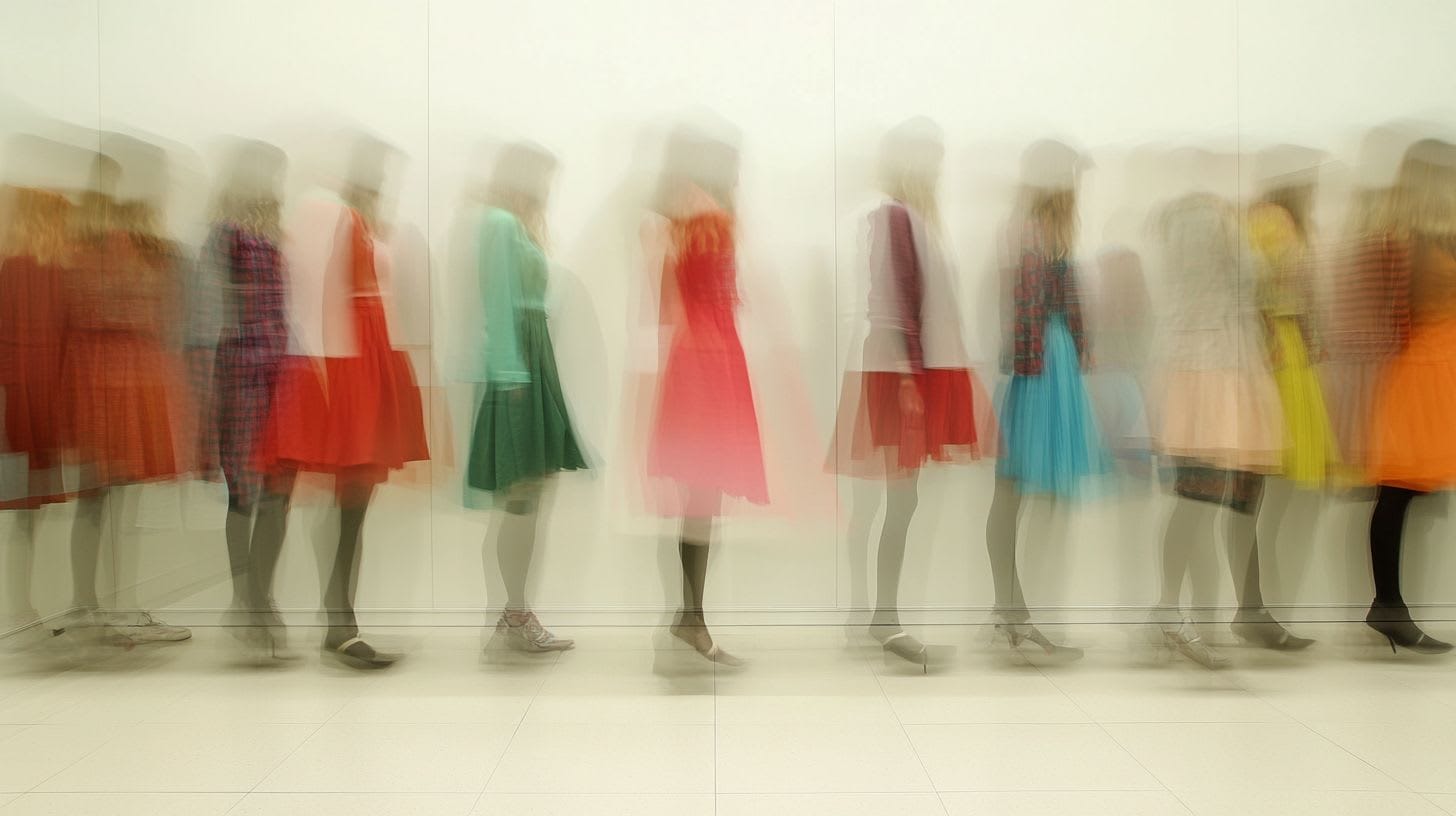 Different size women out of focus in a row