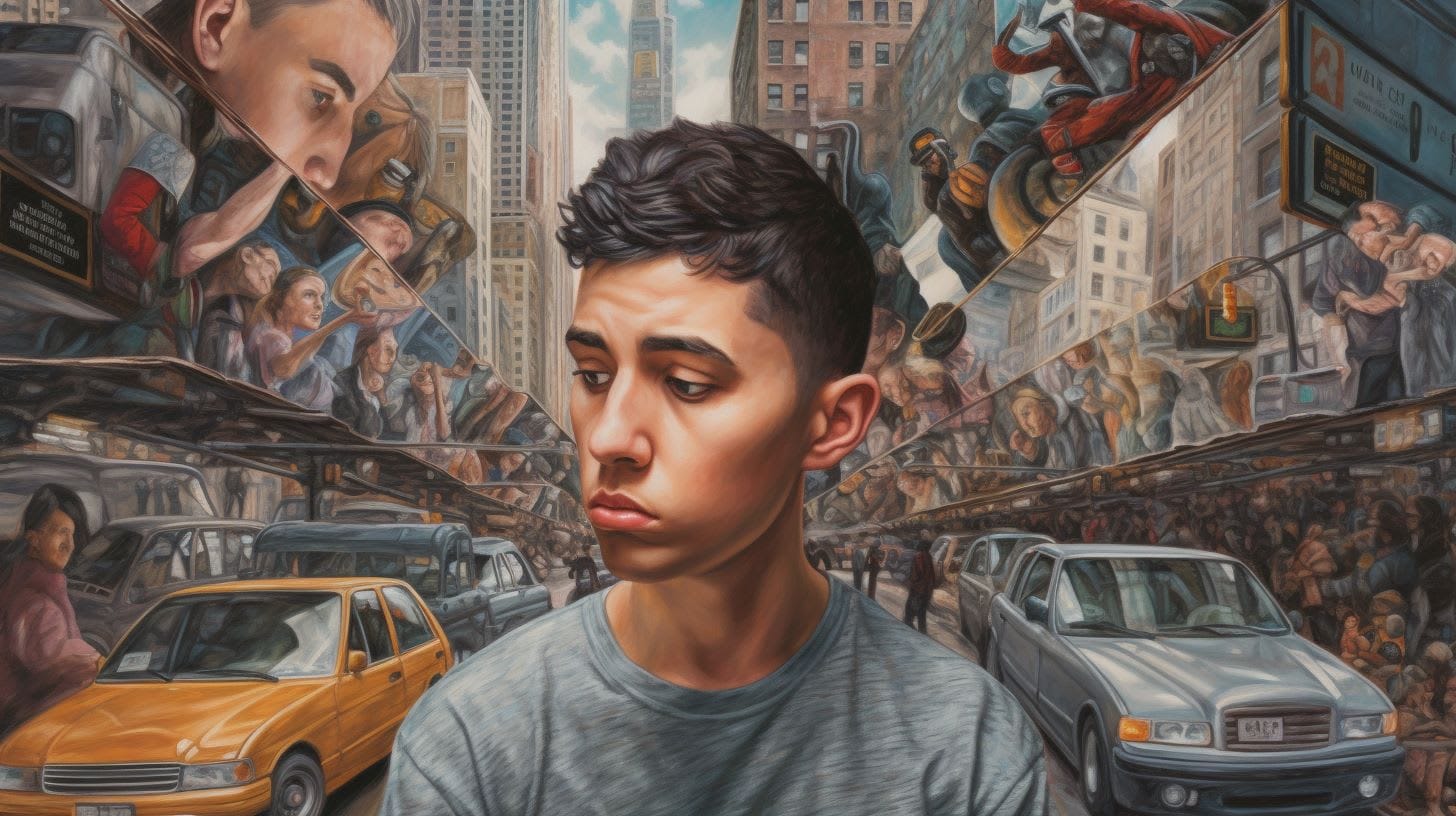 A visual representation of ADHD shows a man in the center with a background full of distractions - F90.2, F90.0, F90.1, F90.8, F90.9
