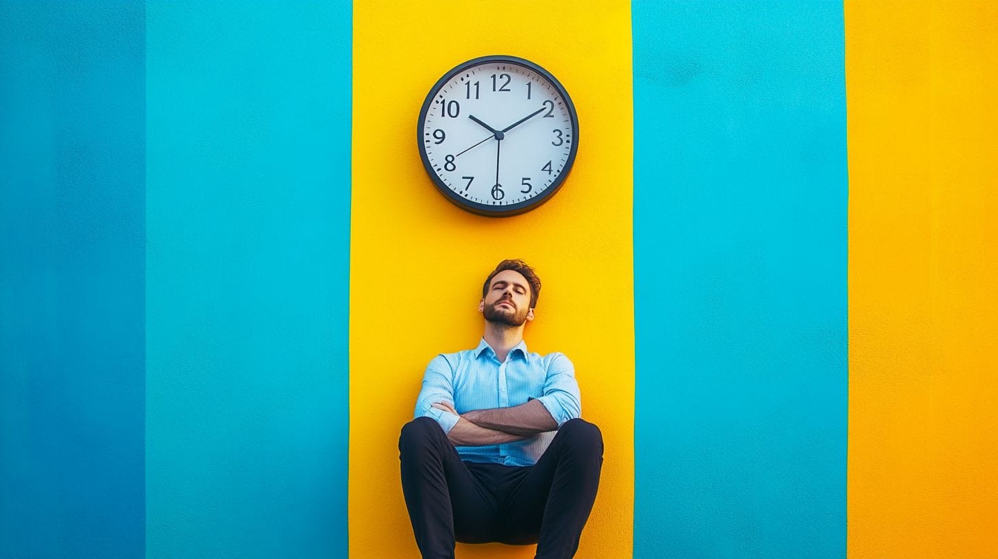 Man sitting under a clock waiting as best as he can